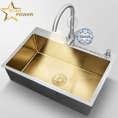 Good price Food-Grade 304 SS Main & Auxiliary Bowl Kitchen Sink Gold-Toned Flush-Mount 900mm 250mm Deep Basin online