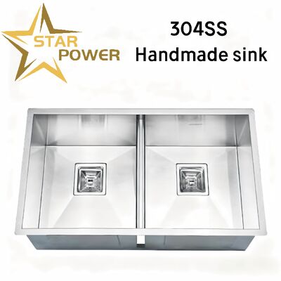 STAR POWER Brushed Double-Bowl Handmade Kitchen Sink in 304 Stainless Steel