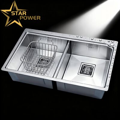 STAR POWER Premium 304 Stainless Steel Double Bowl Sink with Pull-Out Faucet for Efficient Kitchen Workflow