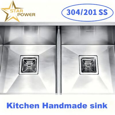 STAR POWER Premium 304 Stainless Steel Double Bowl Sink with Pull-Out Faucet for Efficient Kitchen Workflow