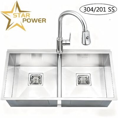 304 Stainless Steel Handmade Double Bowl Kitchen Sink with Pull-Down Sprayer Faucet