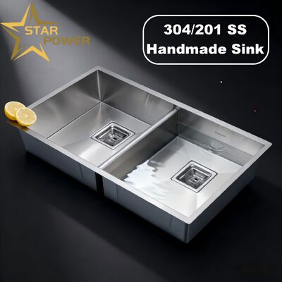 304 Stainless Steel Handmade Double Bowl Kitchen Sink with Pull-Down Sprayer Faucet