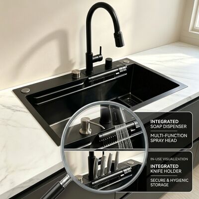 quality Flush Mount / Inset Kitchen Sink Food-Grade 304 SS Main & Auxiliary Bowl Kitchen Sink Gunmetal PVD Flush-Mount 900mm 250mm Deep Basin | Custom Basin Depth Available | Custom Steel Gauge Available factory
