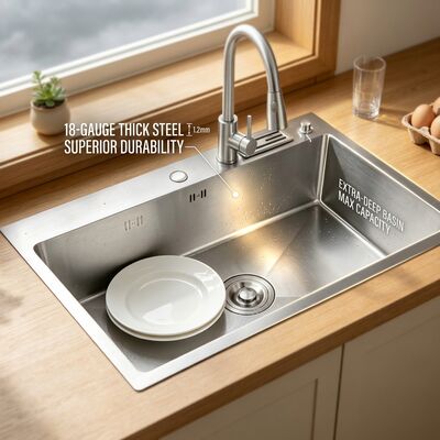 Good price Brushed SUS304 Stainless Steel Single Bowl Kitchen Sink Undermount Design 700mm 200mm Deep Basin online