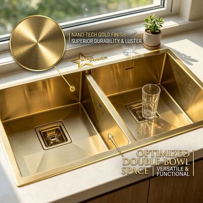 Good price Gold-Toned Food-Grade 304 Stainless Steel Main Auxiliary Bowl Kitchen Sink Flush-Mount 900mm 250mm Deep Basin online
