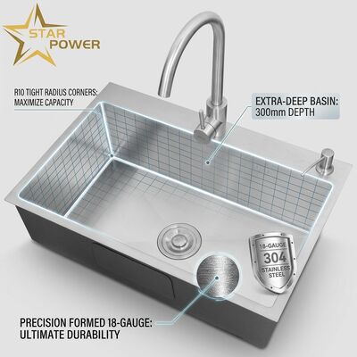 Good price Top Mount / Drop-in Kitchen Sink 18-Gauge 304 SS Double Bowl Kitchen Sink Matte Surface Top-Mount 1000mm 300mm Extra-Deep Basin | Custom Basin Depth Available | Custom Steel Gauge Available online