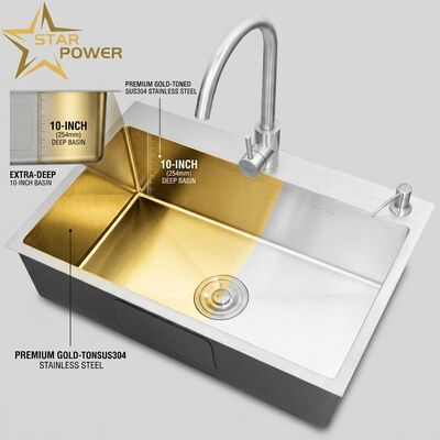 Good price Flush Mount / Inset Kitchen Sink SUS304 Stainless Steel Main & Auxiliary Bowl Kitchen Sink Gold-Toned Flush-Mount 700mm 10-Inch Extra-Deep Basin | Custom Basin Depth Available | Custom Steel Gauge Available online