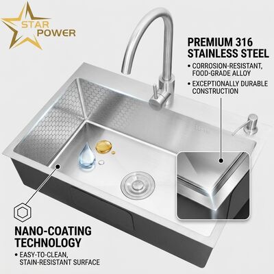 Good price Top Mount / Drop-in Kitchen Sink 316 Stainless Steel Equal Double Bowl Kitchen Sink Nano-Coated Drop-In 800mm 220mm Deep Basin | Custom Basin Depth Available | Custom Steel Gauge Available online