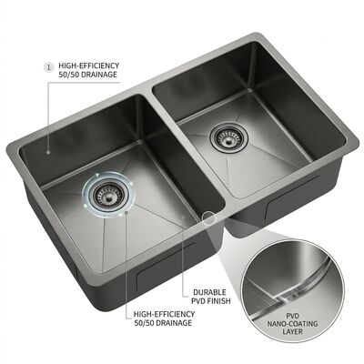 Good price PVD Gunmetal 304 Stainless Steel Undermount Kitchen Sink, Double Basin 50/50, Sound Dampening Rubber Pads Coated online